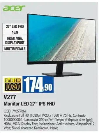 Wellcome acer Monitor LED 27" IPS FHD V277 offerta
