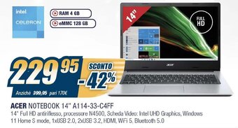 Sinergy acer Notebook 14" A114-33-C4FF offerta