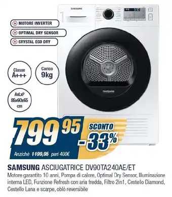 Sinergy Samsung Asciugatrice DV90TA240AE/ET offerta