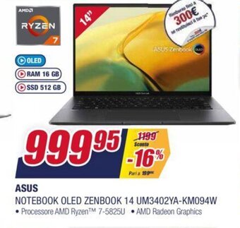 Trony Asus Notebook Oled Zenbook 14 UM3402YA-KM094W offerta