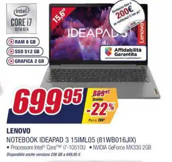 Trony Lenovo Notebook IdeaPad 3 15IML05 (81WB016JIX) offerta