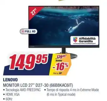 Trony Lenovo Monitor LCD 27" D27-30 (66B8KAC6IT) offerta