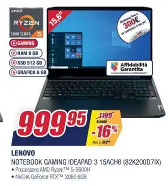 Trony Lenovo Notebook Gaming IdeaPad 3 15ACH6 (82K200D7IX) offerta