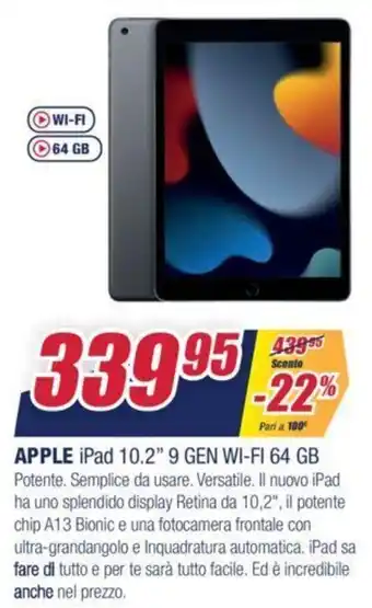 Trony Apple iPad 10.2" 9 Gen Wi-Fi 64 GB offerta