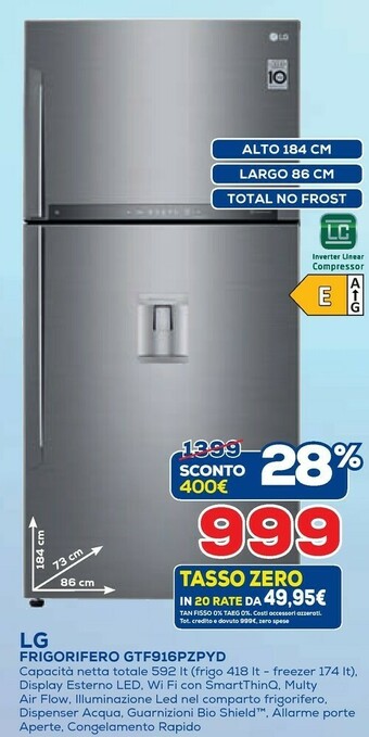 Euronics LG GTF916PZPYD Frigorifero Con Congelatore Libera Installazione 592 L E Acciaio Inossidabile offerta