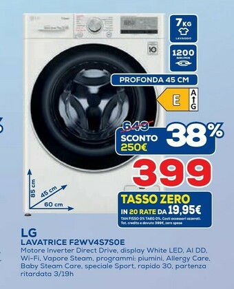 Euronics LG F2WV4S7S0E Lavatrice Slim Intelligente AIDD 7kg Vapore 1200 Giri/min Carica Frontale Classe E offerta