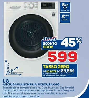 Euronics LG RC80U2AV4Q Libera Installazione Caricamento Frontale Bianco 8 Kg A+++ offerta