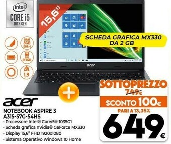 Expert Acer Aspire 3 A315-57G-301C Computer Portatile 39,6 Cm (15.6") 1920 X 1080 Pixel Intel® Core™ I3 Di Decima Generazione 4 GB D offerta