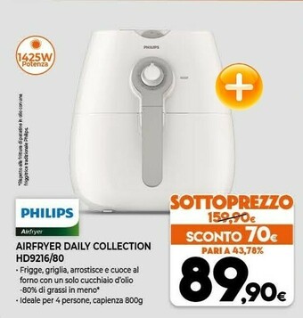 Expert Philips Daily Collection HD9216/80R1 Friggitrice Singolo 0,8 L Indipendente 1425 W Friggitrice Ad Aria Calda Bianco offerta