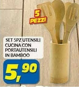 Set 5pz Utensili Cucina Con Portautensili In Bamboo
