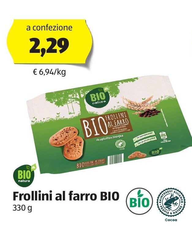 Bio natura Frollini al farro BIO 330 g offerta di ALDI