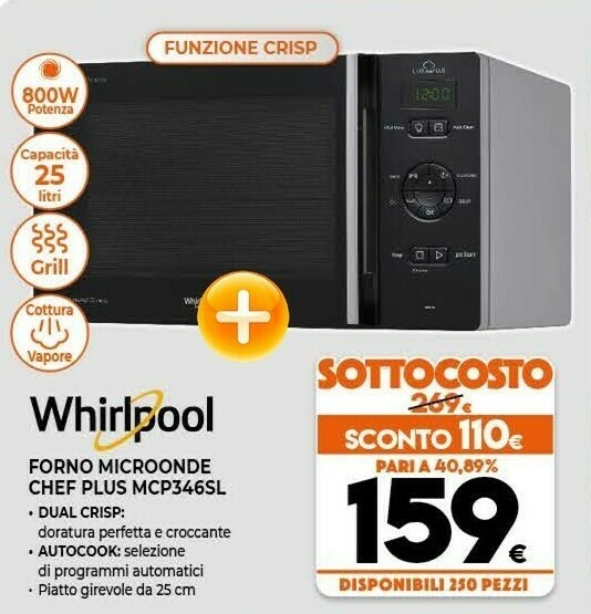 Whirlpool MCP 346 SL Superficie Piana Microonde Combinato 25 L 800 W Nero,  Argento offerta di Expert