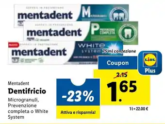 Lidl Mentadent Dentifricio Microgranuli, Prevenzione completa o White System 75 ml offerta