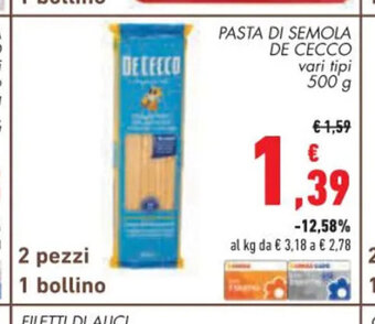 Conad Pasta Di Semola De Cecco vari tipi 500 g offerta
