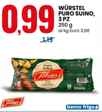 Eurospin Töbias Würstel Puro Suino, 3 pz 250 g offerta