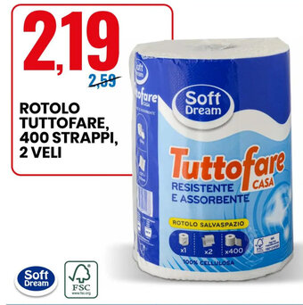 Eurospin Soft Dream Rotolo Tuttofare, 400 strappi, 2 veli offerta