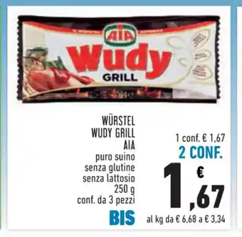 Conad AIA Würstel Wudy Grill puro suino senza glutine senza lattosio 250 g conf. da 3 pezzi offerta