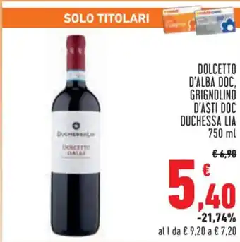 Conad Duchessa Lia Dolcetto D'Alba DOC, Grignolino D'Asti DOC 750 ml offerta