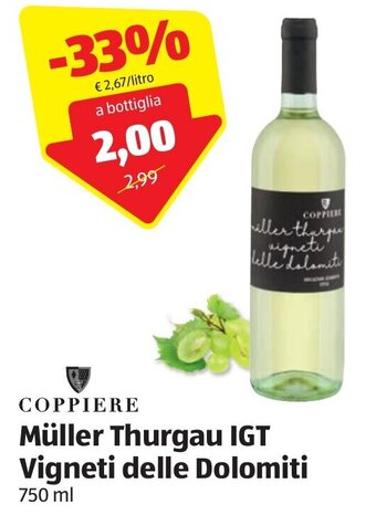 ALDI Coppiere Müller Thurgau IGT Vigneti delle Dolomiti 750 ml offerta
