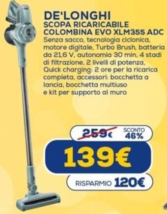 Euronics De'Longhi Scopa Ricaricabile Colombina Evo XLM355 ADC offerta