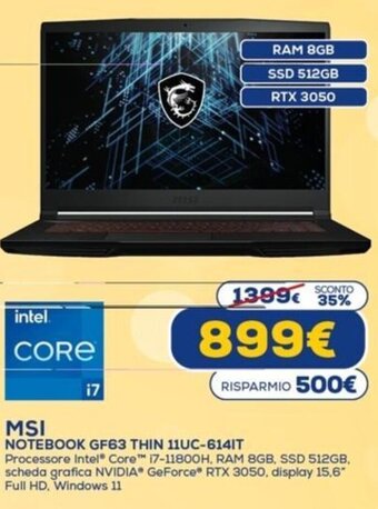 Euronics MSI Notebook GF63 Thin 11UC-614IT offerta