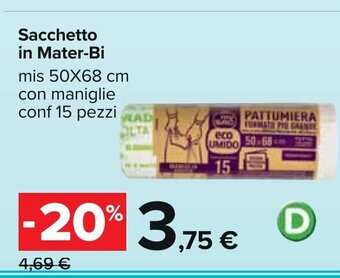 Carrefour Sacchetto in Mater-Bi mis 50x68 cm con maniglie conf 15 pezzi offerta