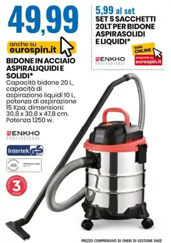 Eurospin Enkho Bidone in Acciaio Aspiraliquidi e Solidi offerta