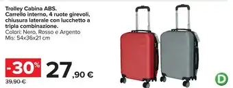 Carrefour Trolley Cabina ABS, Carrello interno, 4 ruote girevoli, chiusura laterale con lucchetto a tripla combinazione 54x36x21 cm offerta