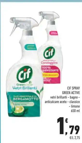Conad Cif Spray Green Active vetri brillanti - bagno - anticalcare aceto - classico - limone 650 ml offerta