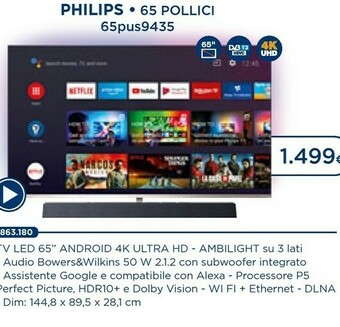 Esselunga Philips 65PUS9435/12 TV 165,1 Cm (65") 4K Ultra HD Smart TV Wi-Fi Nero, Argento offerta