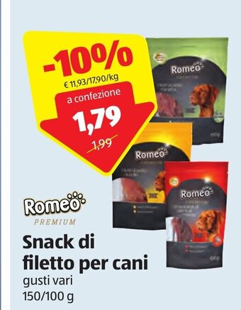 ALDI Romeo Premium Snack di filetto per cani gusti vari 150/100 g offerta