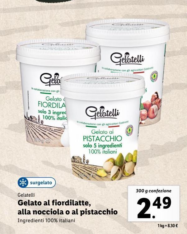 Gelato al fiordilatte, alla nocciola o al pistacchio offerta di Lidl