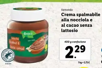 Lidl Vemondo Crema spalmabile alla nocciole e al cacao senza lattosio 400 g offerta
