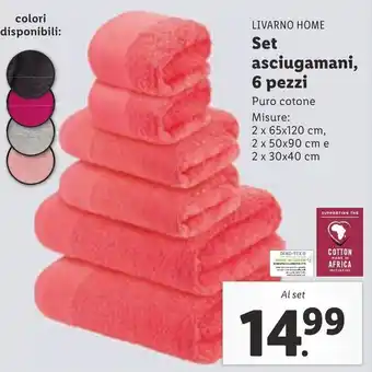 Lidl Livarno Home Set asciugamani, 6 pezzi 2 x 65x120 cm, 2 x 50x90 cm e 2 x 30x40 cm offerta