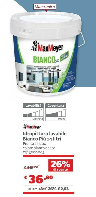 Bricocenter Maxmeyer Idropittura Lavabile Bianco Più 14 Litri offerta