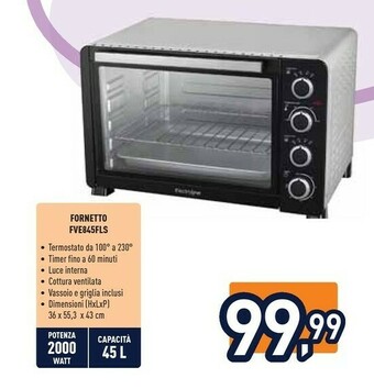 Unieuro Electroline FVE845FLS Fornetto Con Tostapane 45 L Nero, Argento 2000 W offerta