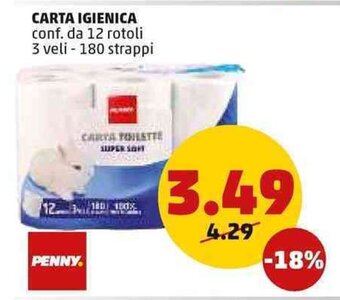 PENNY Carta Igienica conf. da 12 rotoli 3 veli - 180 strappi offerta