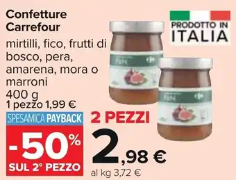Carrefour Confetture Carrefour mirtilli, fico, frutti di bosco, pera, amarena, more o marroni 400 g 2 pezzi offerta