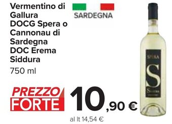 Carrefour Vermentino di Gallura DOCG Spera o Cannonau di Sardegna DOC Erema Siddura 750 ml offerta