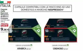Carrefour Capsule Caffè Espresso Vergnano Arabica o Cremoso Conf 50 Caps 250 g offerta