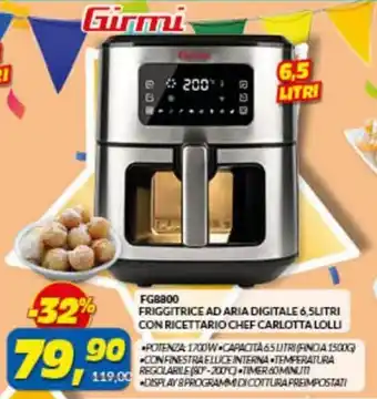 Risparmio Casa Girmi FG8800 Friggitrice Ad Aria Digitale 6,5 litri con Ricettario Chef Carlotta Lolli offerta