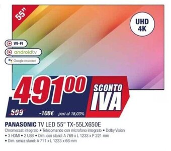 Trony Panasonic TV LED 55" TX-55LX650E offerta