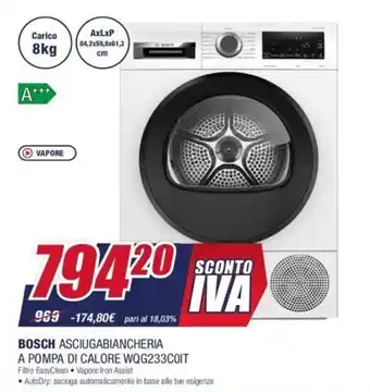 Trony Bosch Asciugabiancheria a Pompa di Calore WQG233C0IT offerta