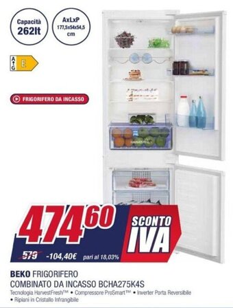 Trony Beko Frigorifero Combinato da Incasso BCHA275K4S offerta