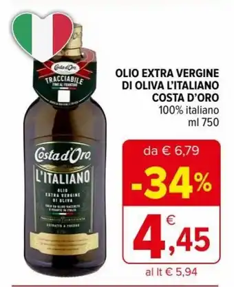Iperal Costa D'Oro Olio Extra Vergine Di Oliva L'Italiano 100% italiano 750 ml offerta