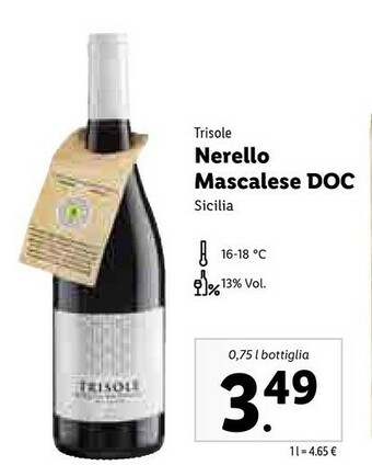 Lidl Trisole Nerello Mascalese Doc Sicilia 750 Ml offerta