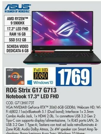 Wellcome Asus ROG Strix G17 DDR4-SDRAM Computer Portatile 43,9 Cm (17.3") 1920 X 1080 Pixel Intel® Core™ I7 Di Decima Generazione 16 G offerta