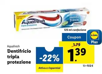 Lidl Aquafresh Dentifricio tripla protezione 125 ml offerta