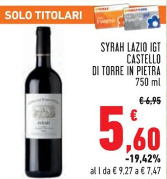 Conad Syrah Lazio IGT Castello di Torre in Pietra 750 ml offerta