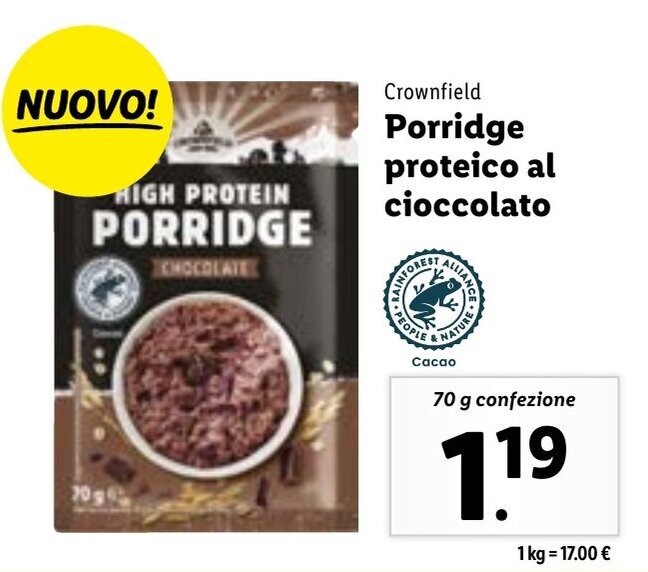 Crownfield Porridge proteico al cioccolato 70 g confezione offerta di Lidl